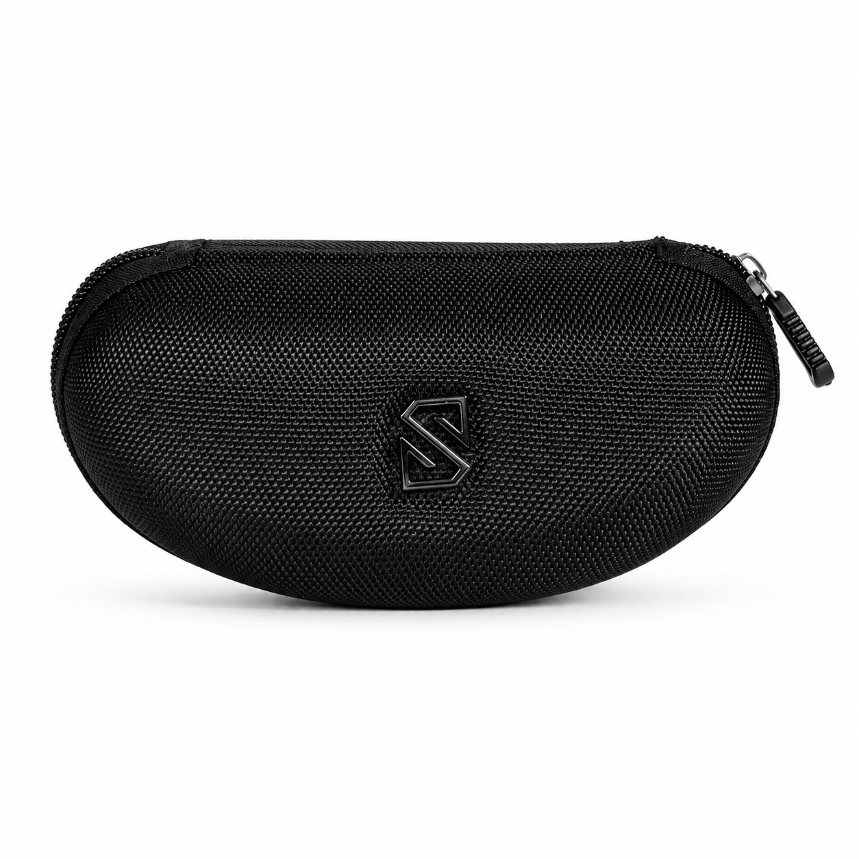 Black hard-shell sunglasses case with textured finish, zip closure, and a Shop Shades "S" logo badge on the front.