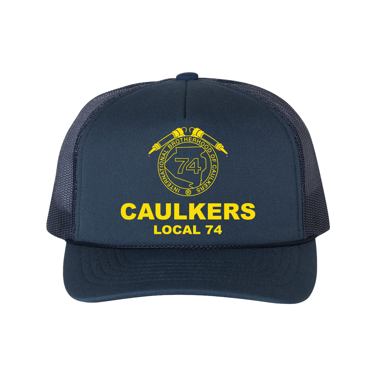 Navy flat bill trucker hat with mesh side panels and a yellow union-style seal reading "International Brotherhood of Caulkers" above "Caulkers Local 74."