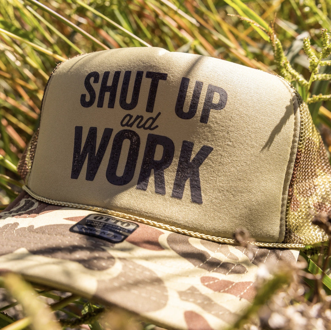 Shut Up & Work Camo Trucker Hat | Woodworking Essential